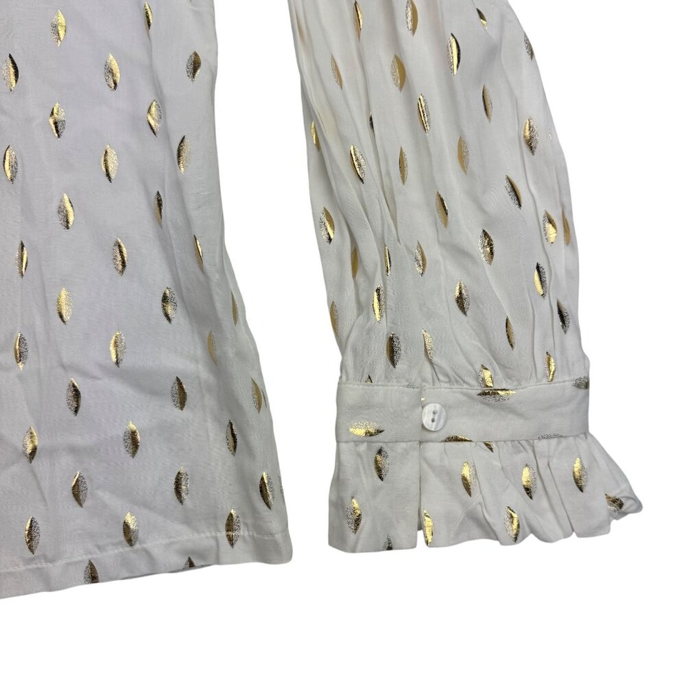 Solitaire White/Gold Geometric Foil Neck Tie ruffle cuff Blouse Women's sz XL - Picture 5 of 9